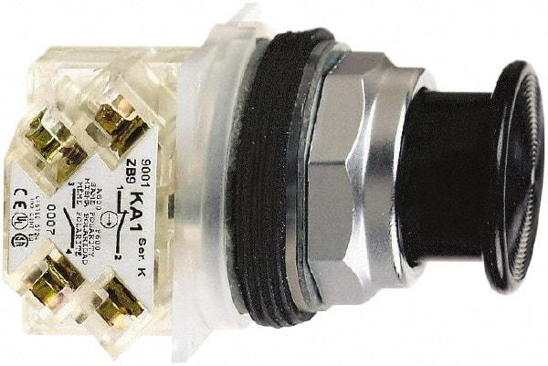 Schneider Electric - 30mm Mount Hole, Extended Mushroom Head, Pushbutton Switch with Contact Block - Round, Black Pushbutton, Momentary (MO) - USA Tool & Supply