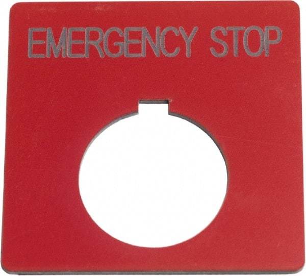 Schneider Electric - Square, Plastic Legend Plate - Emergency Stop - Red Background, Black Letters, 1.2 Inch Hole Diameter, 2-1/2 Inch Square - USA Tool & Supply