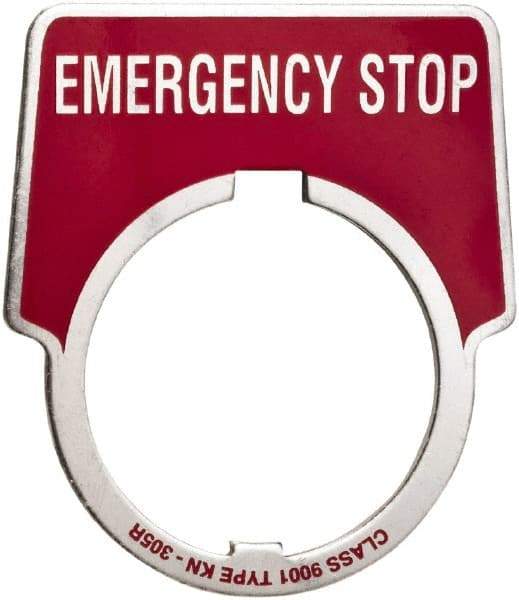 Schneider Electric - Aluminum Legend Plate - Emergency Stop - Black Background, 30mm Hole Diameter, 1-3/4 Inch Wide - USA Tool & Supply