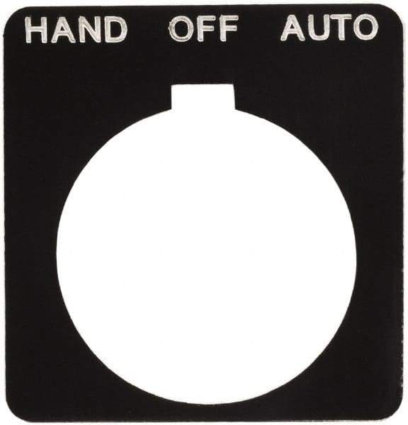 Schneider Electric - Square, Plastic Legend Plate - Hand-Off-Auto - Black Background, White Letters, 1.2 Inch Hole Diameter, 1-3/4 Inch Square - USA Tool & Supply