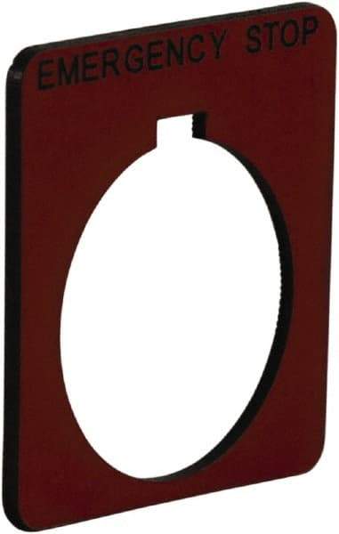 Schneider Electric - Square, Plastic Legend Plate - Emergency Stop - Red Background, Black Letters, 1.2 Inch Hole Diameter, 1-3/4 Inch Square - USA Tool & Supply