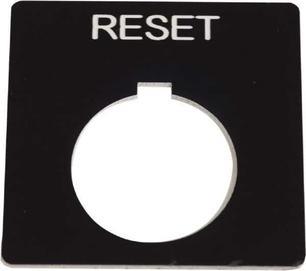 Schneider Electric - Square, Plastic Legend Plate - Reset - Black Background, White Letters, 1.2 Inch Hole Diameter, 2-1/4 Inch Square - USA Tool & Supply