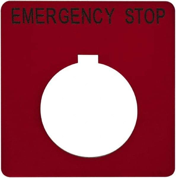 Schneider Electric - Square, Plastic Legend Plate - Emergency Stop - Red Background, Black Letters, 1.2 Inch Hole Diameter, 2-1/4 Inch Square - USA Tool & Supply