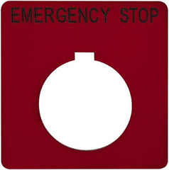 Schneider Electric - Square, Plastic Legend Plate - Emergency Stop - Red Background, Black Letters, 1.2 Inch Hole Diameter, 2-1/4 Inch Square - USA Tool & Supply