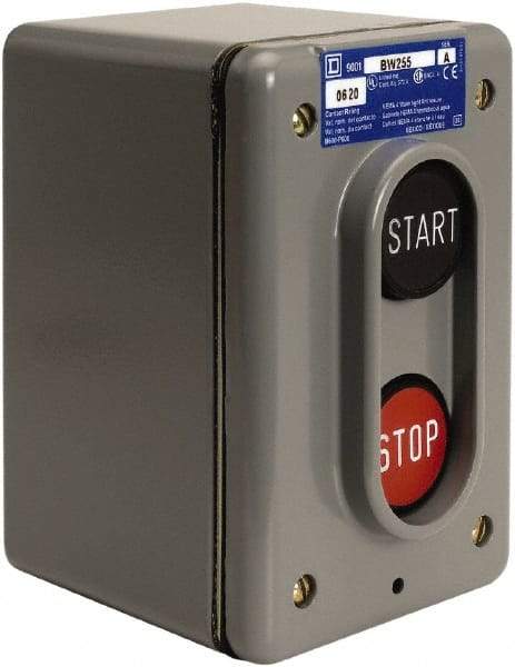 Schneider Electric - 2 Operator, Projecting Pushbutton Control Station - Start, Stop (Legend), Maintained Switch, 2NO Contact, NEMA 4 - USA Tool & Supply