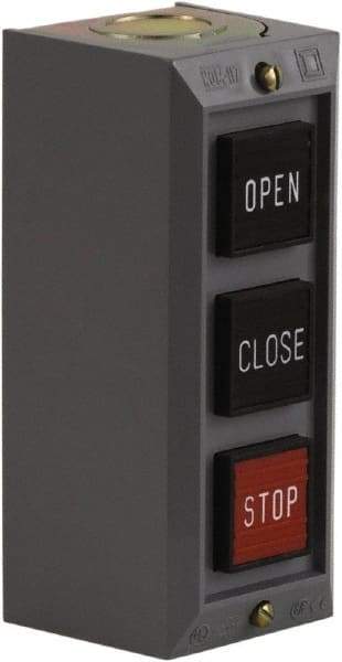 Schneider Electric - 3 Operator, Projecting Pushbutton Control Station - Close, Open, Stop (Legend), Momentary Switch, 2NO/3NC Contact, NEMA 1 - USA Tool & Supply