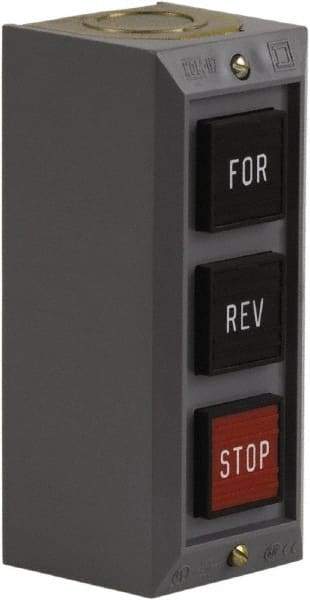 Schneider Electric - 3 Operator, Projecting Pushbutton Control Station - Forward, Reverse, Stop (Legend), Momentary Switch, 2NO/3NC Contact, NEMA 1 - USA Tool & Supply