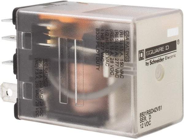 Square D - Electromechanical Plug-in General Purpose Relay - 10 Amp at 240 VAC, DPDT, 12 VDC - USA Tool & Supply