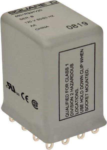 Square D - Electromechanical Plug-in General Purpose Relay - 5 Amp at 240 VAC, 4PDT, 24 VDC - USA Tool & Supply