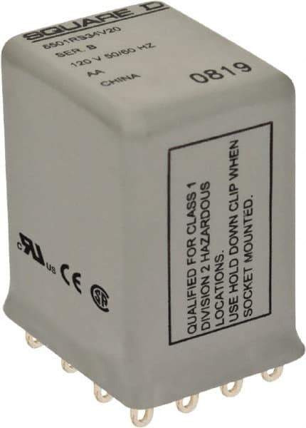 Square D - Electromechanical Plug-in General Purpose Relay - 5 Amp at 240 VAC, 4PDT, 240 VAC at 50/60 Hz - USA Tool & Supply