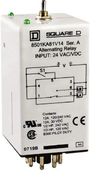 Square D - 8 Pins, 1/2 hp at 240 Volt & 1/3 hp at 120 Volt, Electromechanical Plug-in General Purpose Relay - 12 Amp at 240 VAC, SPDT, 12 VAC/VDC, 36mm Wide x 65mm High x 44mm Deep - USA Tool & Supply