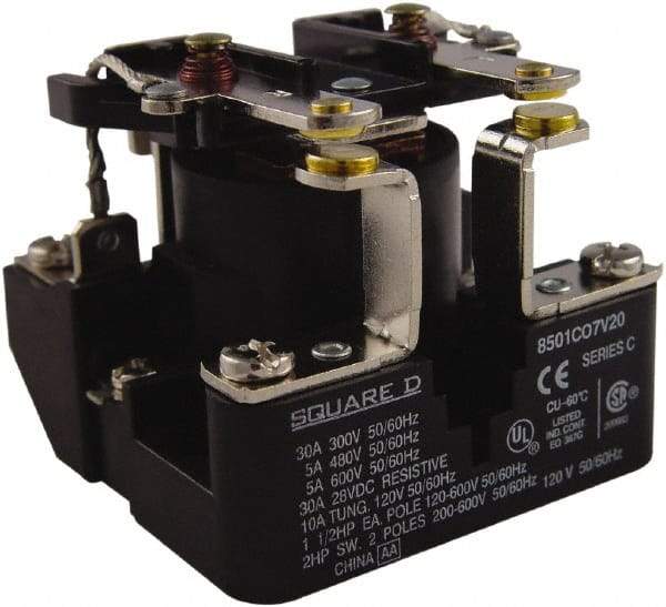 Square D - 1-1/2 hp, 10 VA Power Rating, Electromechanical Screw Clamp General Purpose Relay - 40 at 277 VAC & 5 at 600 V, DPST, 208 VAC at 60 Hz, 63.6mm Wide x 49.6mm High x 63.2mm Deep - USA Tool & Supply