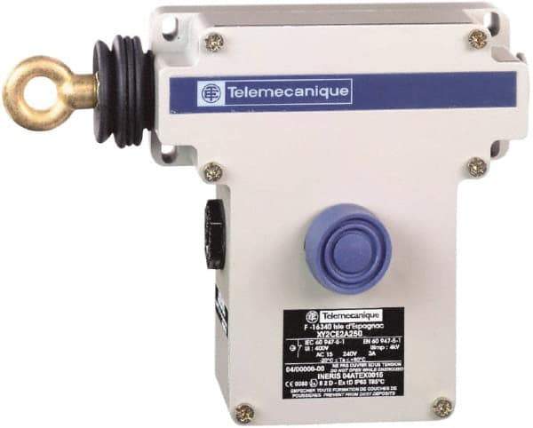 Telemecanique Sensors - 10 Amp, 2NO/2NC Configuration, Left Hand Operation, Rope Operated Limit Switch - Pushbutton Reset, Rope Pull, Pilot Light Indicator, 300 VAC - USA Tool & Supply