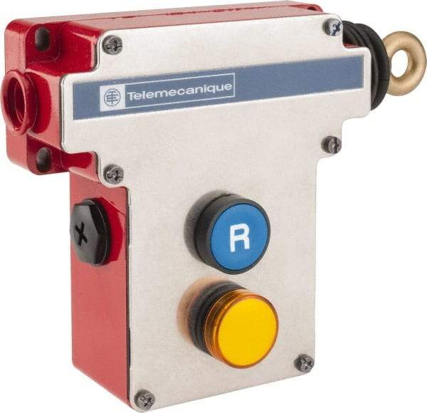 Telemecanique Sensors - 10 Amp, 2NO/2NC Configuration, Right Hand Operation, Rope Operated Limit Switch - Pushbutton Reset, Cable Pull, Pilot Light Indicator, 300 VAC - USA Tool & Supply