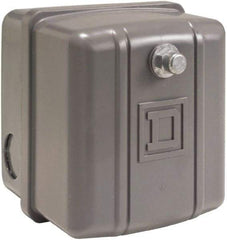 Square D - 1 NEMA Rated, DPST, 125 to 150 psi, Electromechanical, Snap Action Pressure and Level Switch - Adjustable Pressure, 460/575 VAC, 1/4 Inch Connector, Screw Terminal, For Use with Air Compressors, Power Circuits, Water Pumps - USA Tool & Supply