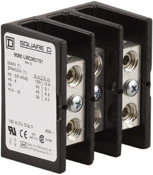 Square D - 3 Poles, 150 (Copper) Amp, Phenolic Power Distribution Block - 600 VAC, 1 Primary Connection - USA Tool & Supply