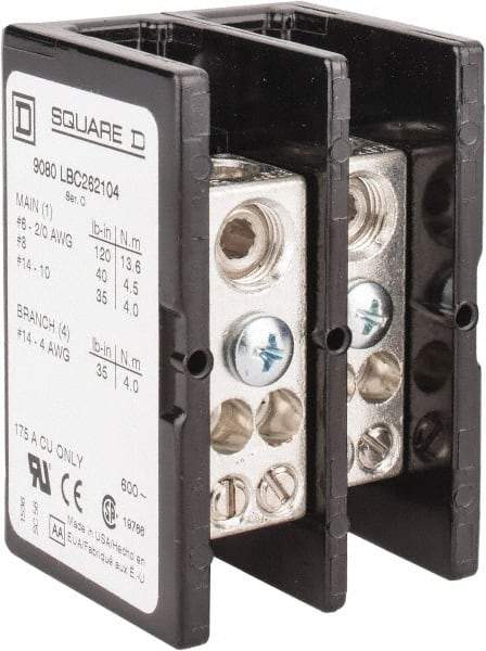 Square D - 2 Poles, 175 (Copper) Amp, Phenolic Power Distribution Block - 600 VAC, 1 Primary Connection - USA Tool & Supply