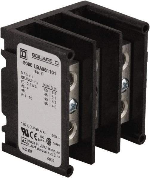 Square D - 3 Poles, 115 (Copper), 90 (Aluminium) Amp, Thermoplastic Power Distribution Block - 600 VAC, 1 Primary Connection - USA Tool & Supply
