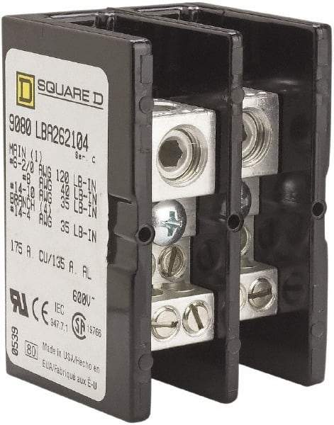 Square D - 2 Poles, 135 (Aluminium), 175 (Copper) Amp, Phenolic Power Distribution Block - 600 VAC, 1 Primary Connection - USA Tool & Supply