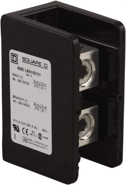 Square D - 1 Pole, 340 (Aluminium), 420 (Copper) Amp, Phenolic Power Distribution Block - 600 VAC, 1 Primary Connection - USA Tool & Supply