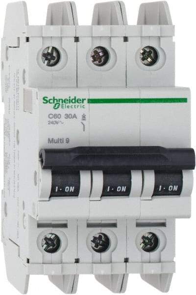 Schneider Electric - 30 Amp, 125 VDC, 240 VAC, 60 VDC, 3 Pole, DIN Rail Mount, Fixed Mount Miniature Circuit Breaker - Thermal Magnetic Trip, Multiple Breaking Capacity Ratings, 73mm Deep x 107mm High x 54mm Wide - USA Tool & Supply