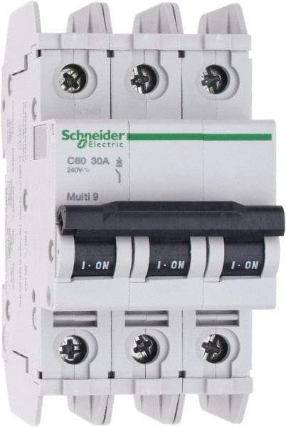 Schneider Electric - 30 Amp, 125 VDC, 240 VAC, 60 VDC, 3 Pole, DIN Rail Mount, Fixed Mount Miniature Circuit Breaker - Thermal Magnetic Trip, Multiple Breaking Capacity Ratings, 73mm Deep x 107mm High x 54mm Wide - USA Tool & Supply