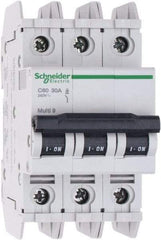 Schneider Electric - 30 Amp, 125 VDC, 240 VAC, 60 VDC, 3 Pole, DIN Rail Mount, Fixed Mount Miniature Circuit Breaker - Thermal Magnetic Trip, Multiple Breaking Capacity Ratings, 73mm Deep x 107mm High x 54mm Wide - USA Tool & Supply