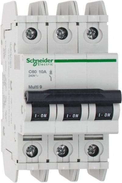 Schneider Electric - 10 Amp, 125 VDC, 240 VAC, 60 VDC, 3 Pole, DIN Rail Mount, Fixed Mount Miniature Circuit Breaker - Thermal Magnetic Trip, Multiple Breaking Capacity Ratings, 73mm Deep x 107mm High x 54mm Wide - USA Tool & Supply