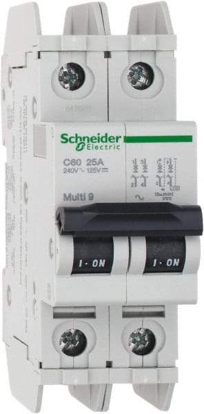 Schneider Electric - 25 Amp, 125 VDC, 240 VAC, 60 VDC, 1 Pole, DIN Rail Mount, Fixed Mount Miniature Circuit Breaker - Thermal Magnetic Trip, Multiple Breaking Capacity Ratings, 73mm Deep x 107mm High x 36mm Wide - USA Tool & Supply