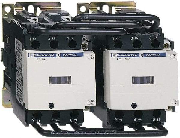 Schneider Electric - 3 Pole, 120 Coil VAC at 50/60 Hz, 50 Amp, Reversible IEC Contactor - Bureau Veritas, CCC, CSA, CSA C22.2 No. 14, DNV, EN/IEC 60947-4-1, EN/IEC 60947-5-1, GL, GOST, LROS, RINA, UL 508, UL Listed - USA Tool & Supply