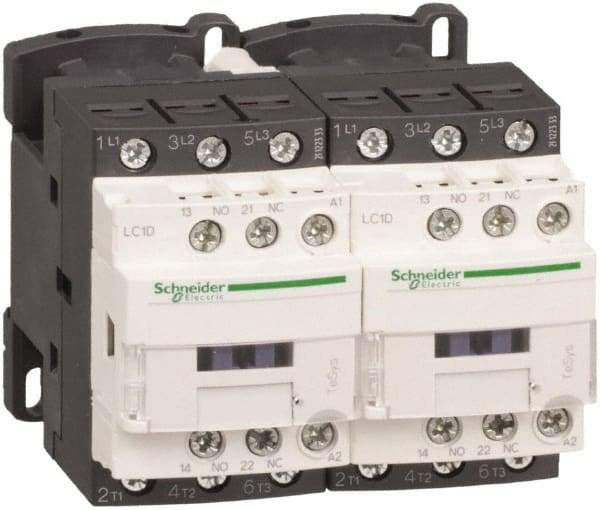 Schneider Electric - 3 Pole, 240 Coil VAC at 50/60 Hz, 32 Amp at 440 VAC, Reversible IEC Contactor - 1 Phase hp: 2 at 115 VAC, 5 at 230/240 VAC, 3 Phase hp: 10 at 230/240 VAC, 20 at 460/480 VAC, 30 at 575/600 VAC, 7.5 at 200/208 VAC - USA Tool & Supply