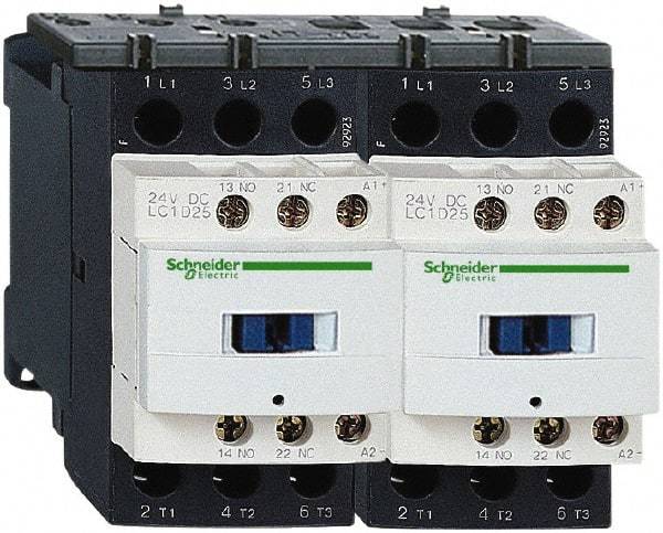Schneider Electric - 3 Pole, 24 Coil VAC at 50/60 Hz, 9 Amp at 440 VAC, Reversible IEC Contactor - 1 Phase hp: 0.5 at 115 VAC, 1 at 230/240 VAC, 3 Phase hp: 2 at 200/208 VAC, 2 at 230/240 VAC, 5 at 460/480 VAC, 7.5 at 575/600 VAC - USA Tool & Supply