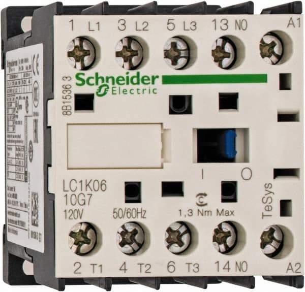 Schneider Electric - 3 Pole, 120 Coil VAC at 50/60 Hz, 6 Amp at 440 VAC, Nonreversible IEC Contactor - BS 5424, CSA, IEC 60947, NF C 63-110, RoHS Compliant, UL Listed, VDE 0660 - USA Tool & Supply