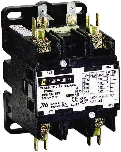Square D - 2 Pole, 90 Amp Inductive Load, 208 to 240 Coil VAC at 60 Hz and 220 Coil VAC at 50 Hz, Definite Purpose Contactor - Phase 1 Hp:  20 at 230 VAC, 7.5 at 115 VAC, 120 Amp Resistive Rating, CE, CSA, UL Listed - USA Tool & Supply