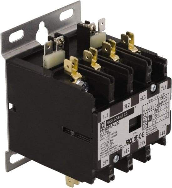 Square D - 4 Pole, 30 Amp Inductive Load, 24 Coil VAC at 50/60 Hz, Definite Purpose Contactor - Phase 1 and Phase 3 Hp:  10 at 230 VAC, 15 at 460 VAC, 2 at 115 VAC, 20 at 575 VAC, 5 at 230 VAC, 40 Amp Resistive Rating, CE, CSA, UL Listed - USA Tool & Supply