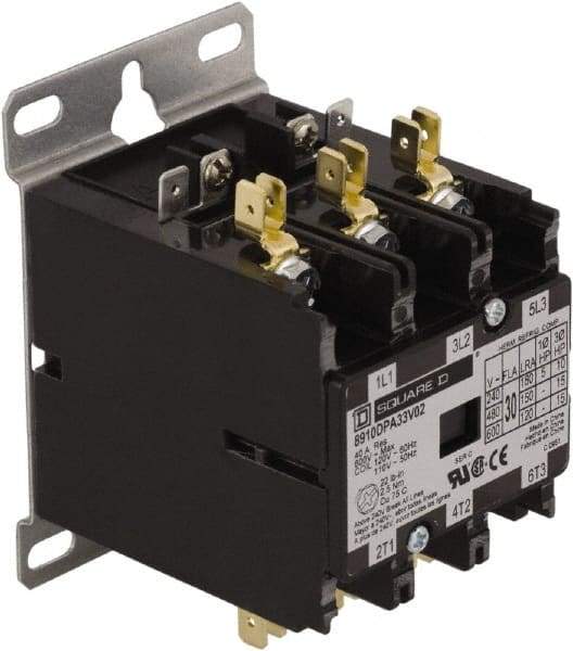 Square D - 3 Pole, 30 Amp Inductive Load, 277 Coil VAC at 60 Hz, Definite Purpose Contactor - Phase 1 and Phase 3 Hp:  10 at 230 VAC, 15 at 460 VAC, 2 at 115 VAC, 20 at 575 VAC, 5 at 230 VAC, 40 Amp Resistive Rating, CE, CSA, UL Listed - USA Tool & Supply