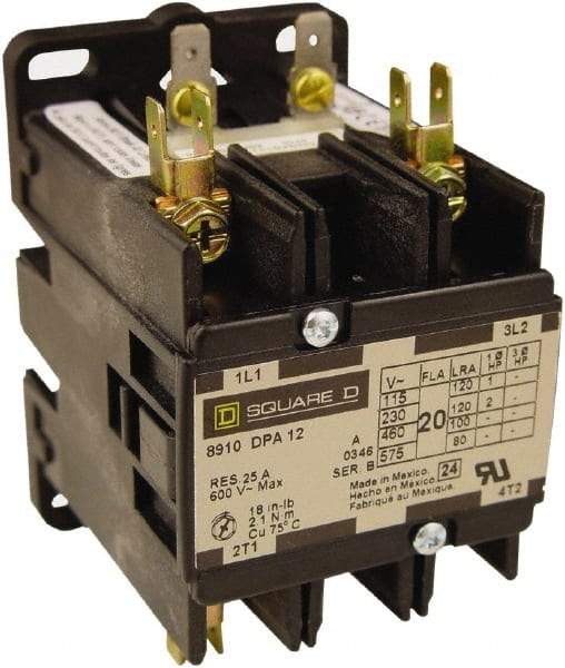 Square D - 3 Pole, 25 Amp Inductive Load, Definite Purpose Contactor - 35 Amp Resistive Rating - USA Tool & Supply