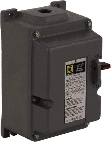 Square D - 3 Poles, 27 Amp, M-1 NEMA, Enclosed Pushbutton Manual Motor Starter - 10 hp at 380 to 575 VAC & 7-1/2 hp at 200 to 230 VAC, CSA, NEMA 7/9 & UL Listed - USA Tool & Supply