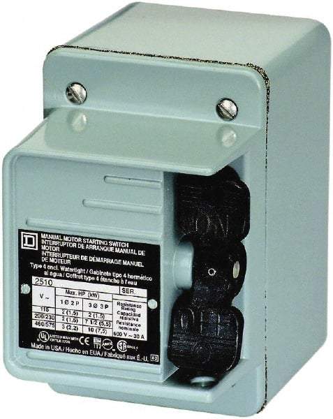 Square D - 2 Poles, 30 Amp, NEMA, Enclosed Toggle Manual Motor Starter - 1 hp at 90 VDC, 1-1/2 hp at 230 VDC, 2 hp at 115 VAC, 2 hp at 115 VDC, 2 hp at 230 VAC, 3 hp at 460 VAC & 3 hp at 575 VAC, CE, CSA, NEMA 4 & UL Listed - USA Tool & Supply