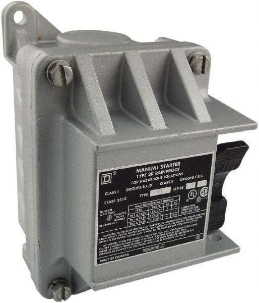 Square D - 3 Poles, 30 Amp, NEMA, Enclosed Toggle Manual Motor Starter - 1 hp at 90 VDC, 10 hp at 460 VAC, 10 hp at 575 VAC, 1-1/2 hp at 230 VDC, 2 hp at 115 VAC, 2 hp at 115 VDC & 7-1/2 hp at 230 VAC, CE, CSA, NEMA 3R/7/9 & UL Listed - USA Tool & Supply