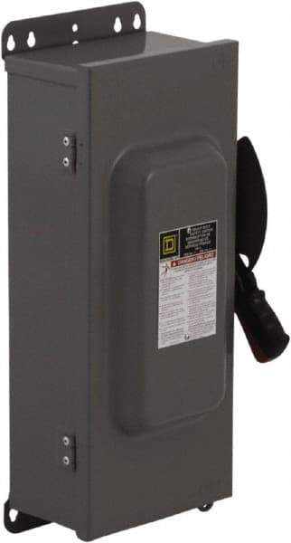 Square D - 100 Amp, 600 VAC/VDC, 3 Pole Fused Safety Switch - NEMA 12, 30 hp at 480 VAC (Single Phase), 75 hp at 600 VAC, 50 hp at 600 VDC (Triple Phase), 3PST Contact Form - USA Tool & Supply