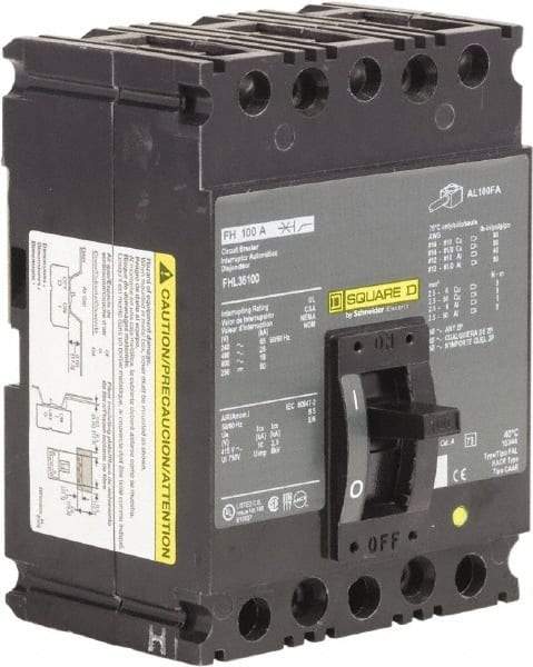 Square D - 100 Amp, 250 VDC, 600 VAC, 3 Pole, Panel Mount Molded Case Circuit Breaker - Thermal Magnetic Trip, 18 kA Breaking Capacity, 12-1/0 (Aluminum), 14-1/0 (Copper) AWG, 4.13 Inch Deep x 6 Inch High x 4-1/2 Inch Long - USA Tool & Supply