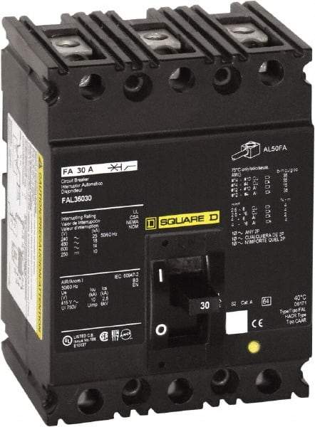 Square D - 35 Amp, 250 VDC, 480 VAC, 3 Pole, Panel Mount Molded Case Circuit Breaker - Thermal Magnetic Trip, 18 kA at 480/600 VAC Breaking Capacity, 12-1/0 (Aluminum), 14-1/0 (Copper) AWG, 4.13 Inch Deep x 6 Inch High x 4-1/2 Inch Long - USA Tool & Supply