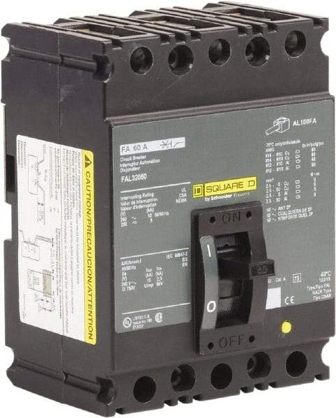 Square D - 60 Amp, 240 VAC, 3 Pole, Panel Mount Molded Case Circuit Breaker - Thermal Magnetic Trip, Multiple Breaking Capacity Ratings, 12-1/0 (Aluminum), 14-1/0 (Copper) AWG, 4.13 Inch Deep x 6 Inch High x 4-1/2 Inch Long - USA Tool & Supply