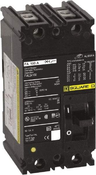 Square D - 20 Amp, 250 VDC, 480 VAC, 2 Pole, Panel Mount Molded Case Circuit Breaker - Thermal Magnetic Trip, 18 kA at 480/600 VAC Breaking Capacity, 12-4 (Aluminum), 14-4 (Copper) AWG, 4.13 Inch Deep x 6 Inch High x 3 Inch Long - USA Tool & Supply