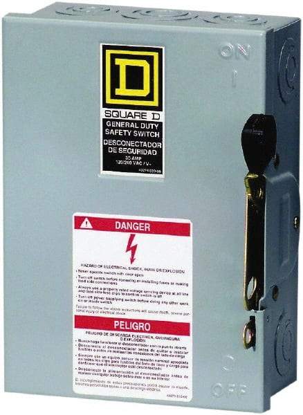 Square D - 30 Amp, 240 V, 3 Pole Fused Safety Switch - NEMA 1, 3 hp at 240 VAC (Single Phase), 7.5 hp at 240 VAC (Triple Phase), 3PST Contact Form - USA Tool & Supply