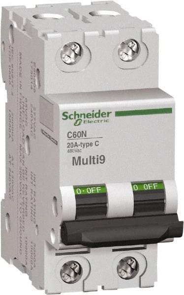 Schneider Electric - 15 Amp, 2 Pole, DIN Rail Mount Standard Circuit Breaker - Multiple Breaking Capacity Ratings, 14-4 (Copper) AWG, 3 Inch Deep x 3.19 Inch High x 1.42 Inch Wide - USA Tool & Supply