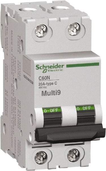 Schneider Electric - 2 Amp, 480Y/277 V, 2 Pole, DIN Rail Mount Miniature Circuit Breaker - Thermal Magnetic Trip, 14-4 AWG, 3 Inch Deep x 3.19 Inch High x 1.42 Inch Wide - USA Tool & Supply