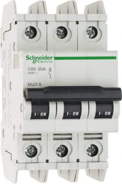 Schneider Electric - 20 Amp, 125 VDC, 240 VAC, 60 VDC, 3 Pole, DIN Rail Mount, Fixed Mount Miniature Circuit Breaker - Thermal Magnetic Trip, Multiple Breaking Capacity Ratings, 73mm Deep x 107mm High x 54mm Wide - USA Tool & Supply