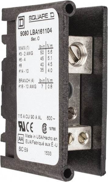 Square D - 1 Pole, 115 (Copper), 90 (Aluminium) Amp, Thermoplastic Power Distribution Block - 600 VAC, 1 Primary Connection - USA Tool & Supply